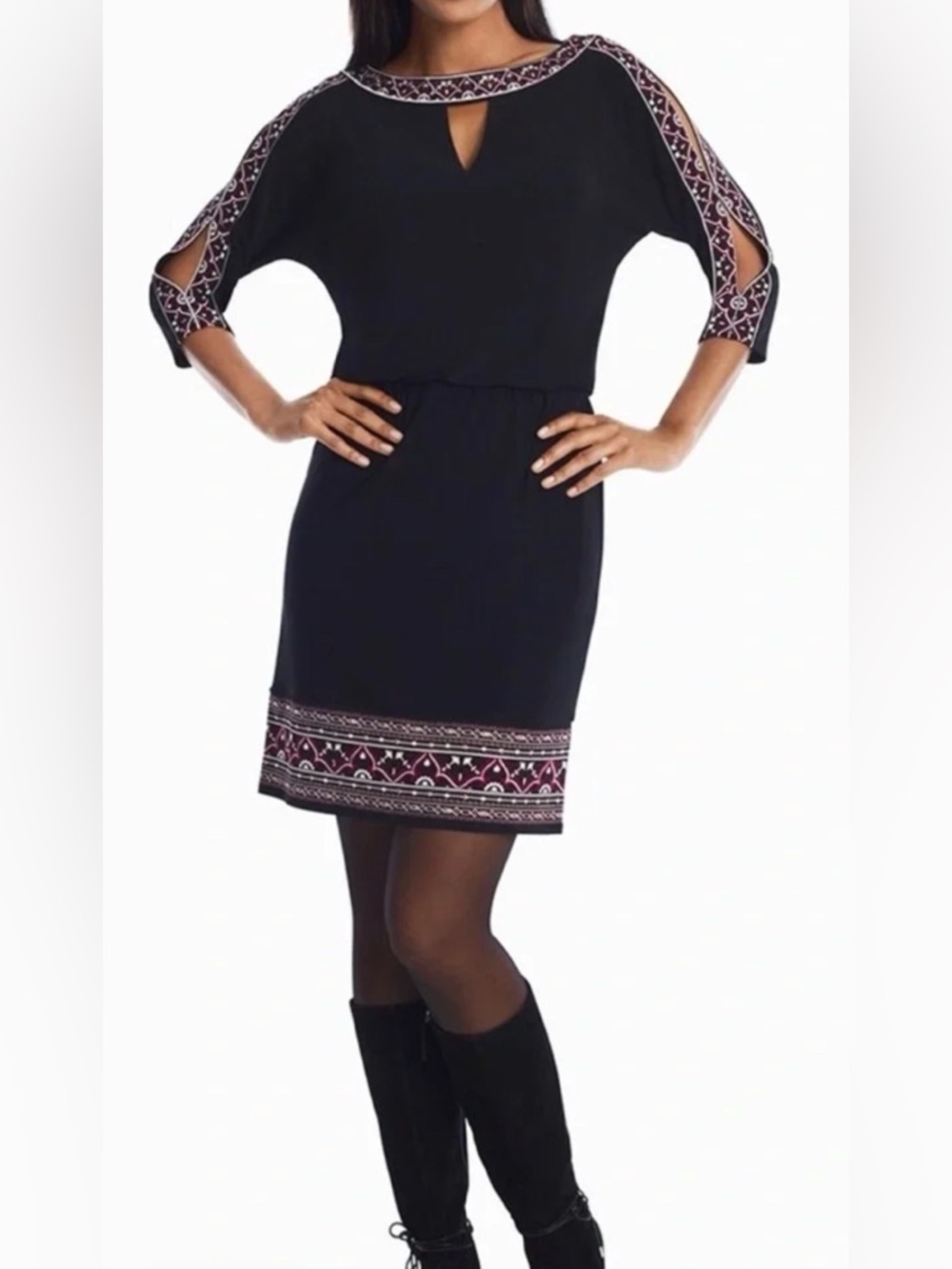 White House Black Market Black Dress with Embroidered Trim and embellishment EUC